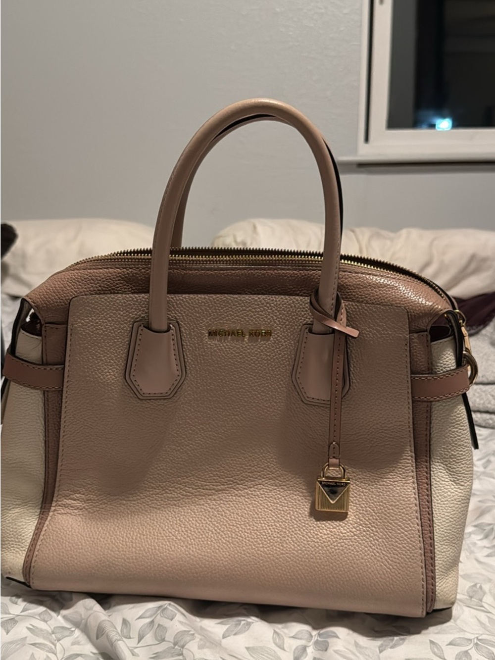 Michael Kors Pink and Cream Leather Satchel with Gold Accents
